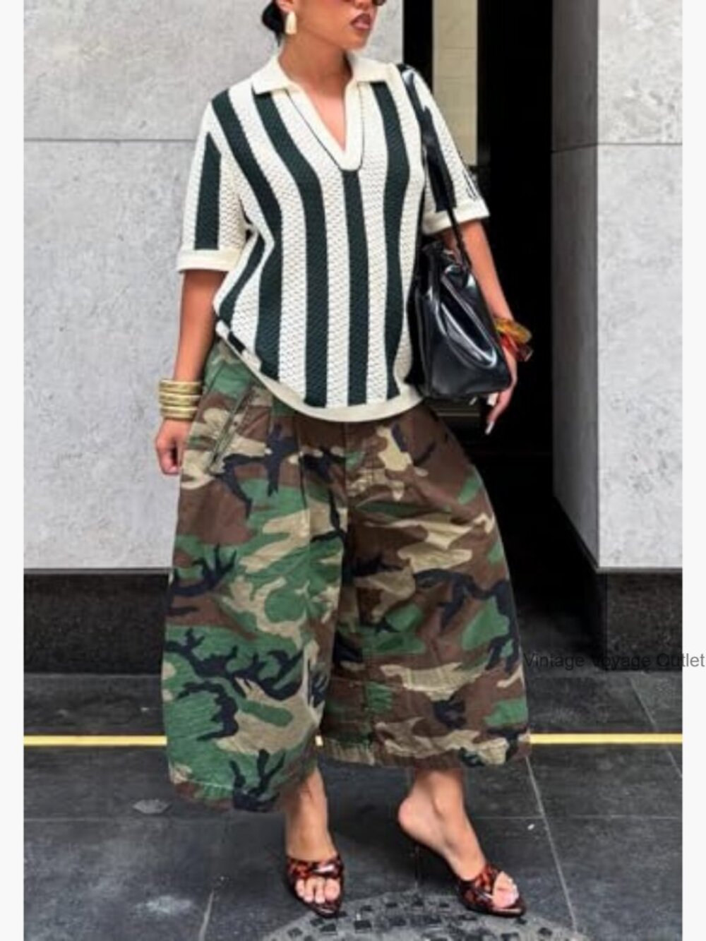 Women's Camo Barrel Pants High Waisted Wide Leg Cropped Trousers - Picture 2 of 7